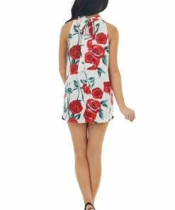 FSL APPAREL Ivory Floral Halter Neck Sleeveless Blouse With Tie Closure Tops