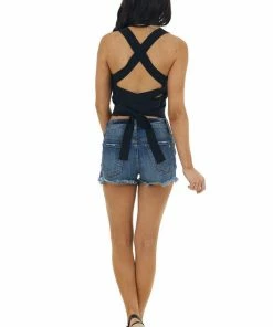 LE LIS Tops Black Ribbed Knit Criss Cross Back Crop Top