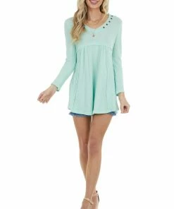 Ces Femme Mint Waffle Knit Babydoll Long Sleeve Tunic Top With Buttons Tops 28 Ces Femme Mint Waffle Knit Babydoll Long Sleeve Tunic Top With Buttons Tops