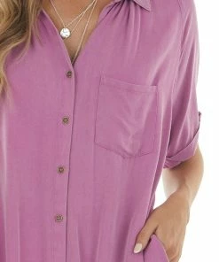 Eesome Dresses Fuchsia Mineral Wash Button Front Shirt Dress