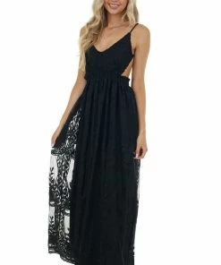 Dress Day Black Lace Sleeveless Open Back Maxi Dress Dresses