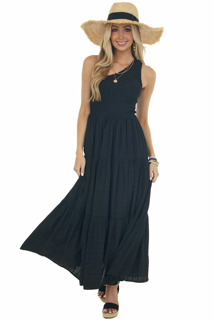 Entro Black Smocked One Shoulder Linen Maxi Dress 11 Entro Black Smocked One Shoulder Linen Maxi Dress