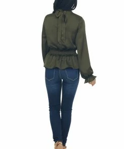 Peach Love Dark Army Green Mock Neck Smocked Peplum Top