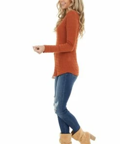 Ces Femme Rust Long Sleeve Ribbed Knit Top With Button Detail