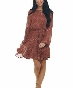 She + Sky Cinnamon Drop Waist Short Dress With Gold Dots Dresses