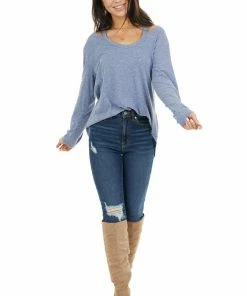 143 Story Tops Dusty Blue Shoulder Cutout Long Sleeve Stretchy Knit Top