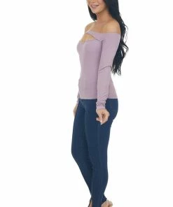 Peach Love Lilac Off The Shoulder Ribbed Knit Top With Cut Out Detail