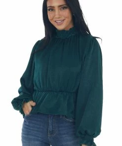 Peach Love Pine Satin Mock Neck Puff Sleeve Peplum Top