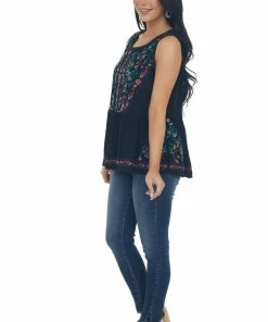 Umgee Tops Black Floral Embroidered Drop Waist Top
