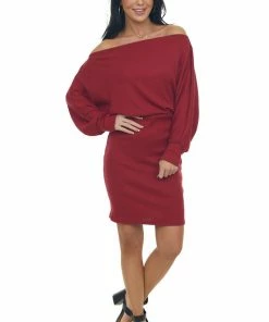 Lime Lush Cherry Ribbed Off Shoulder Dolman Sleeve Dress