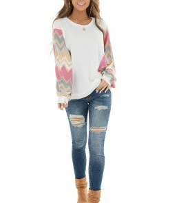 White Birch Off White Waffle Knit Top With Contrast Print Dolman Sleeves Tops