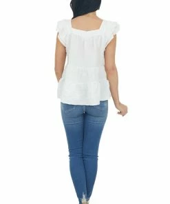 Entro Ivory Square Neck Ruffle Tiered Blouse Tops
