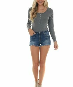 Vanilla Bay Graphite Ribbed Knit Long Sleeve Bodysuit Tops