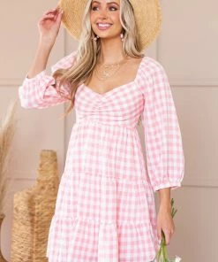Entro Dresses Neon Punch Gingham Babydoll Tiered Short Dress