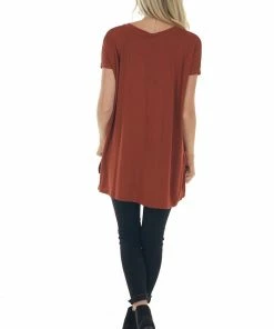 ANGIE Rust Oversized V Neck Short Sleeve Top