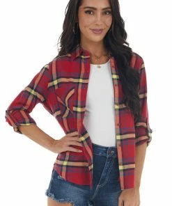 Style Melody Cranberry Plaid Double Chest Pocket Flannel Tops