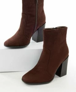 Let's See Style Chocolate Stacked High Heel Faux Suede Booties Shoes