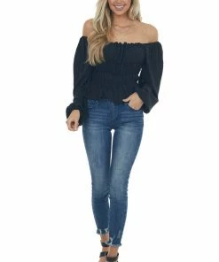 Entro Black Smocked Frill Puff Sleeve Bodysuit