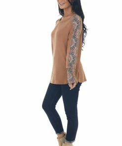 BiBi Camel And Floral Waffle Knit Long Sleeve Top Tops