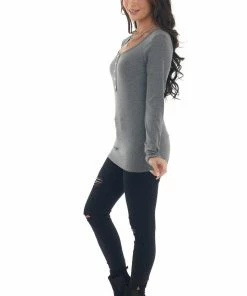 Vanilla Bay Graphite Ribbed Long Sleeve Henley Top