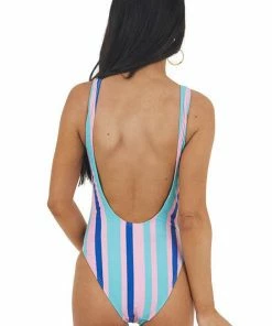 Envya Pink And Aqua Striped One Piece Swimsuit With Scoop Back Accessories
