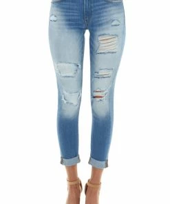 KanCan Medium Wash Mid Rise Heavily Distressed Jeans Bottoms
