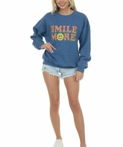 Sweet Claire Faded Cobalt 'Smile More' Graphic Sweatshirt