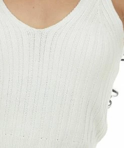 143 Story Ivory V Neck Ribbed Knit Cropped Tank Top