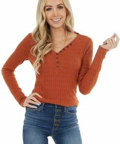 Ces Femme Rust Long Sleeve Ribbed Knit Top With Button Detail