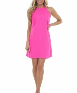 Vanilla Bay Neon Magenta Scalloped Halter Neck Tie Dress Dresses