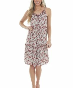 Ces Femme Dresses Ivory And Cherry Floral Print Short Dress