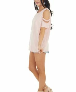 Vanilla Bay Peach Short Sleeve Stretchy Knit Top With Cold Shoulder Tops