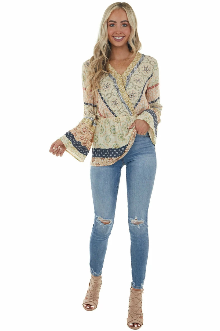 Doe & Rae Light Beige Printed Surplice Swiss Dot Blouse 14 Doe & Rae Light Beige Printed Surplice Swiss Dot Blouse