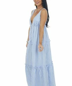 Vine & Love Cornflower And Ivory Striped Print Maxi Dress