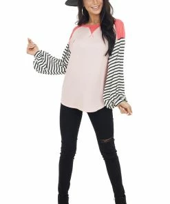 My Story Blush And Coral V Stitch Knit Top With Striped Puff Sleeves Tops