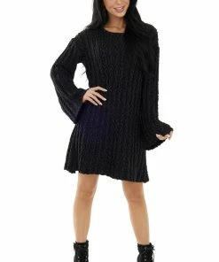 Peach Love Faded Black Chunky Ribbed Flare Sweater Dress