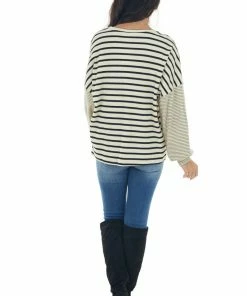 Hayden Tops Beige And Black Striped Bubble Sleeve Knit Top 17 Hayden Tops Beige And Black Striped Bubble Sleeve Knit Top