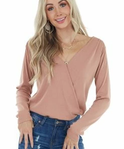 Wishlist Dusty Peach Ribbed Knit Surplice Bodysuit With Long Sleeves