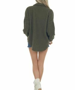 143 Story Olive Sherpa Button Up Bubble Sleeve Shacket