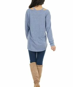 143 Story Tops Dusty Blue Shoulder Cutout Long Sleeve Stretchy Knit Top