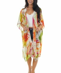 Caramela Tops Neon Orange Abstract Floral Open Front Kimono 28 Caramela Tops Neon Orange Abstract Floral Open Front Kimono