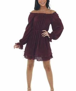 She + Sky Rich Wine Off The Shoulder Pleated Dress 16 She + Sky Rich Wine Off The Shoulder Pleated Dress