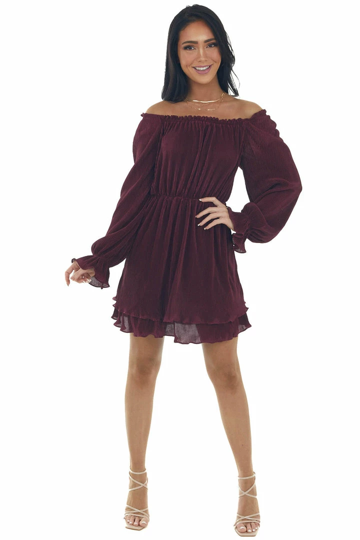 She + Sky Rich Wine Off The Shoulder Pleated Dress 9 She + Sky Rich Wine Off The Shoulder Pleated Dress