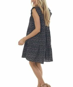 Ces Femme Dresses Black Ditsy Floral Textured Square Neck Dress