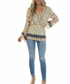 Doe & Rae Light Beige Printed Surplice Swiss Dot Blouse 28 Doe & Rae Light Beige Printed Surplice Swiss Dot Blouse