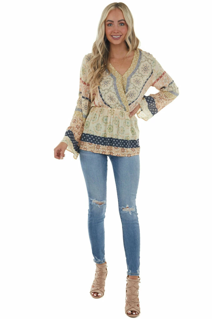 Doe & Rae Light Beige Printed Surplice Swiss Dot Blouse 13 Doe & Rae Light Beige Printed Surplice Swiss Dot Blouse