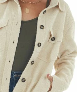 Kori America Cream Shearling Texture Button Up Shirt Jacket Tops