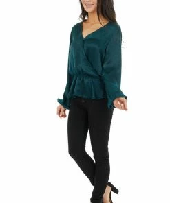 Caramela Pine Green Satin Surplice Blouse With Elastic Ruffle Hemline Tops