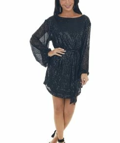 Vine & Love Dresses Black Sequined Bubble Sleeve Short Dress