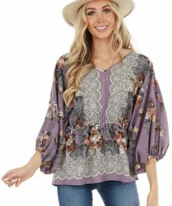 Hailey & Co Dark Lavender Floral Print Elastic Drop Waist Blouse